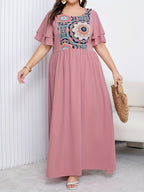 Plus Size - Plus Size - New Middle Eastern Fashion Style Ethnic Print Loose Dress for Women - Pale Pinkish Gray