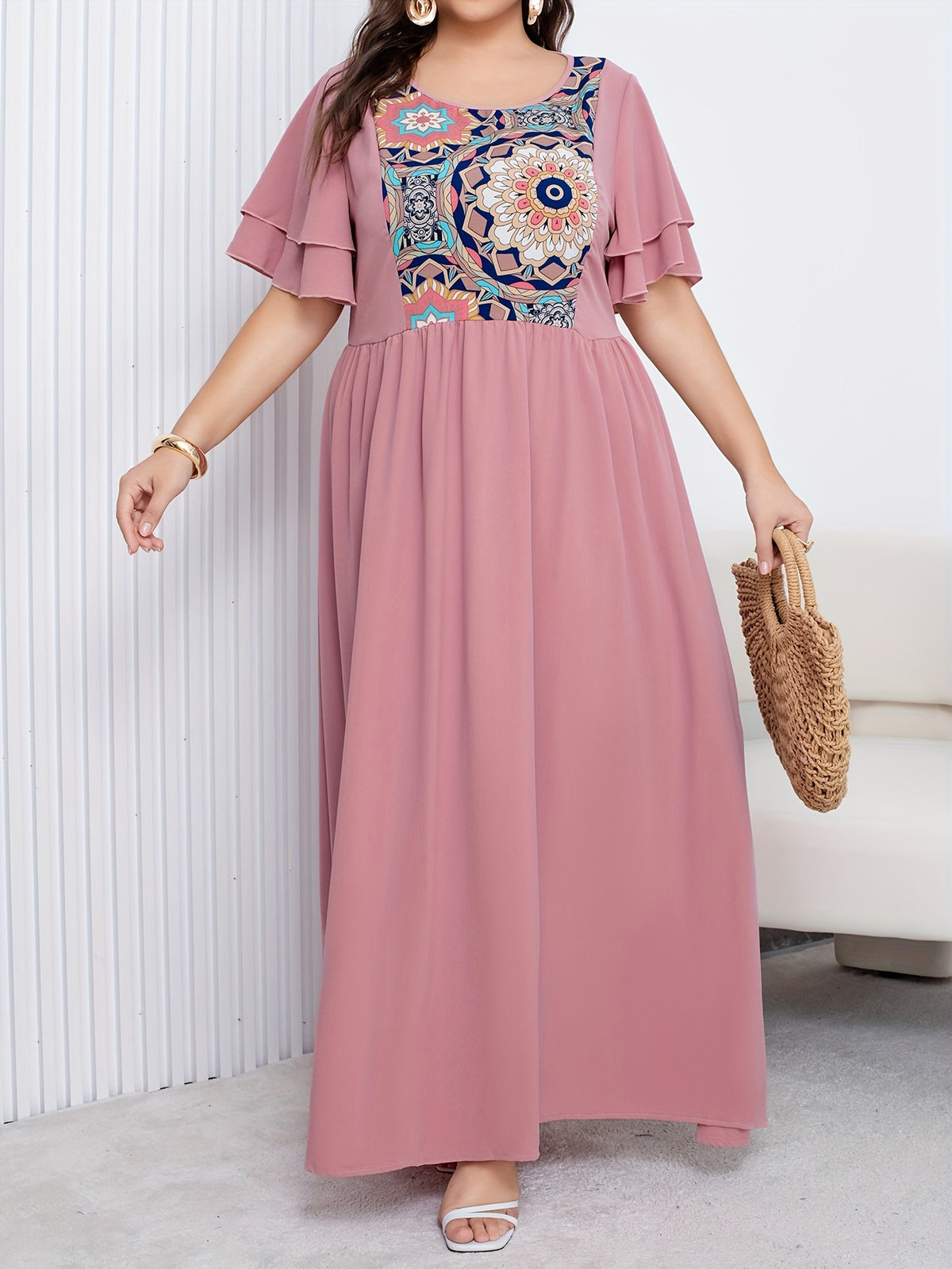 Plus Size - Plus Size - New Middle Eastern Fashion Style Ethnic Print Loose Dress for Women - Pale Pinkish Gray