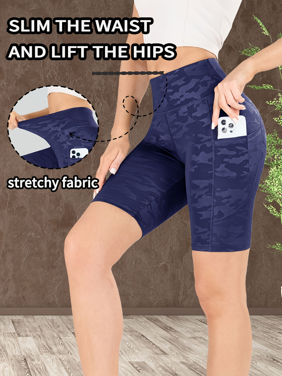 New Women'S Fashion Camouflage Print Shorts, High-Waisted Pants, High Elasticity Breathable Fabric, Cycling Pants - Navy Color
