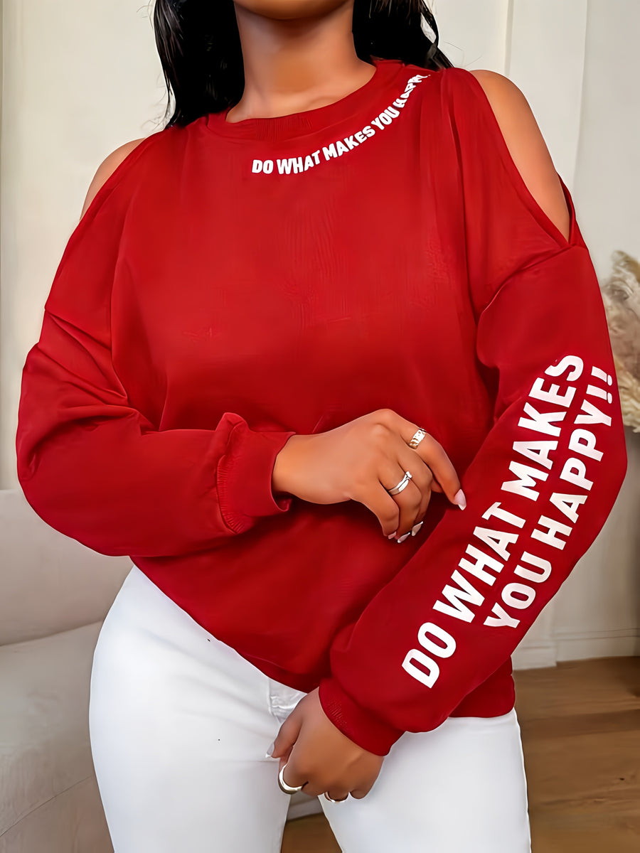 Women'S Loose Casual Letter Print Off-Shoulder Long Sleeve Base Layer Sweatshirt, Spring Autumn Commute Back-To- Outfit - Brick Red