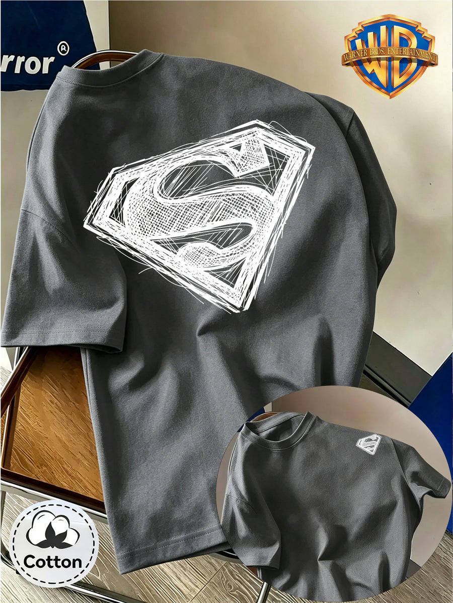 DC Superman Sketch S Logo Print 100% T-Shirt, Unisex Trendy Top, Double-Sided Print Design, Soft Fabric Material, Fashionable And Versatile Round Neck Short Sleeve Top, Designed for Men. Casual And Comfortable, Diverse Styles And Loose Fit - Dark Gray