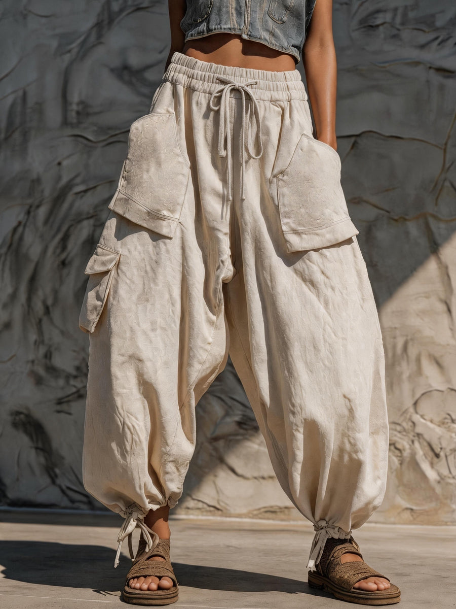 Women'S Summer Elastic Waist Drawstring Cargo Pants Long Trousers, Multi-Pocket Loose Casual Joggers Lantern Pants - Off-white