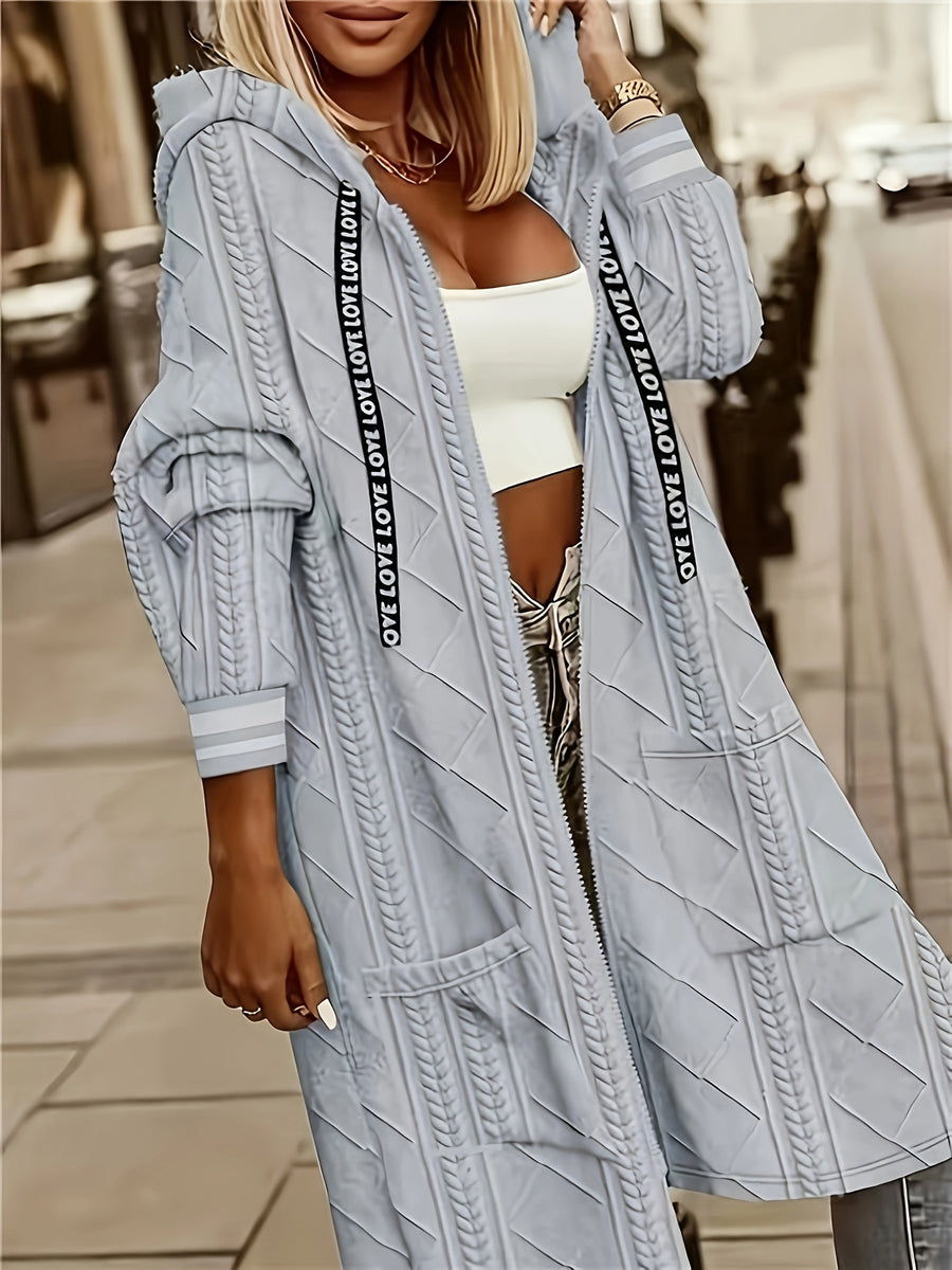 Plus Size, Women'S Long Pocket Hooded Jacket. Zipper, Ruffled Cuffs And Panel Detailing. Fabric - Grey