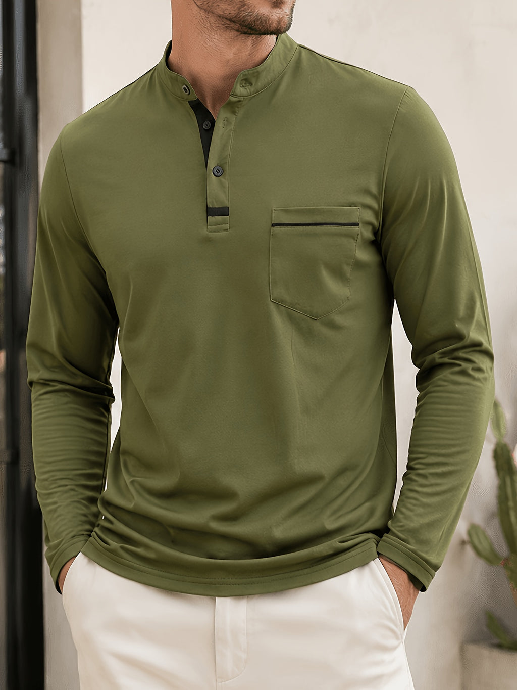 2pcs Men's Stand Collar Long Sleeve Henley Shirt, Casual Half-Button T-Shirt with Pockets, Lightweight and Breathable Stand Collar Pullover Top, Suitable for Daily, Office, and Outdoor Scenes - Army Green + White