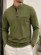 2pcs Men's Stand Collar Long Sleeve Henley Shirt, Casual Half-Button T-Shirt with Pockets, Lightweight and Breathable Stand Collar Pullover Top, Suitable for Daily, Office, and Outdoor Scenes - Army Green + White