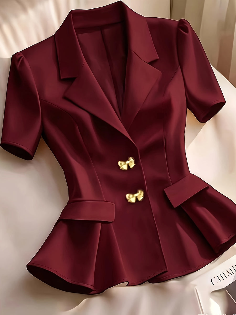 Elegant Women'S Solid Color Short Sleeve Lapel Blazer, Metal Button Detail Blazer, Suitable for Commuting, Vacation, Business, And Casual Wear - Burgundy