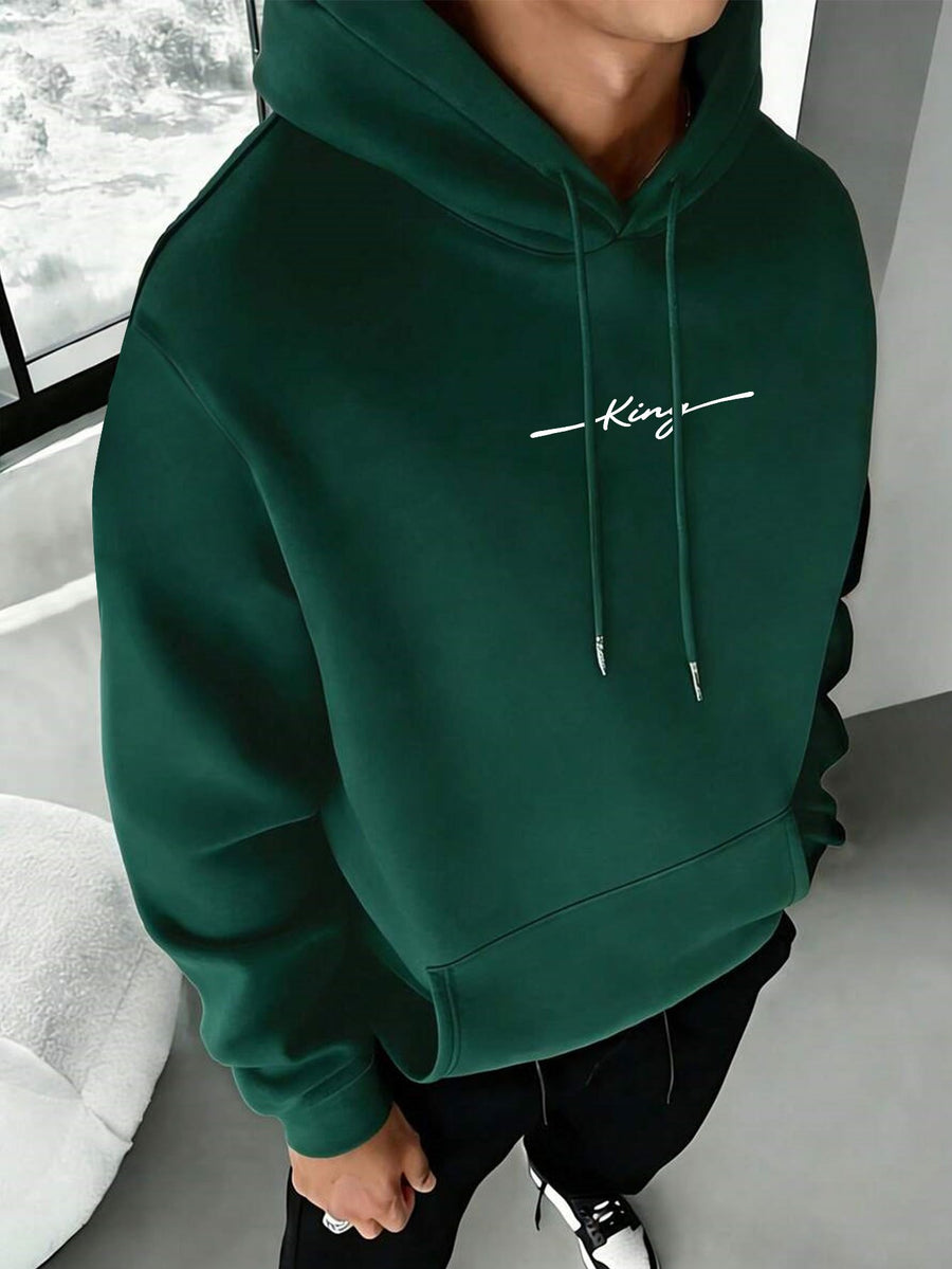American High Street Handwritten Signature Hooded Sweatshirt for Men, Trendy Casual Pullover Top, Versatile Daily Wear, Slimming Long Sleeve Commuter Hoodie - Dark Green