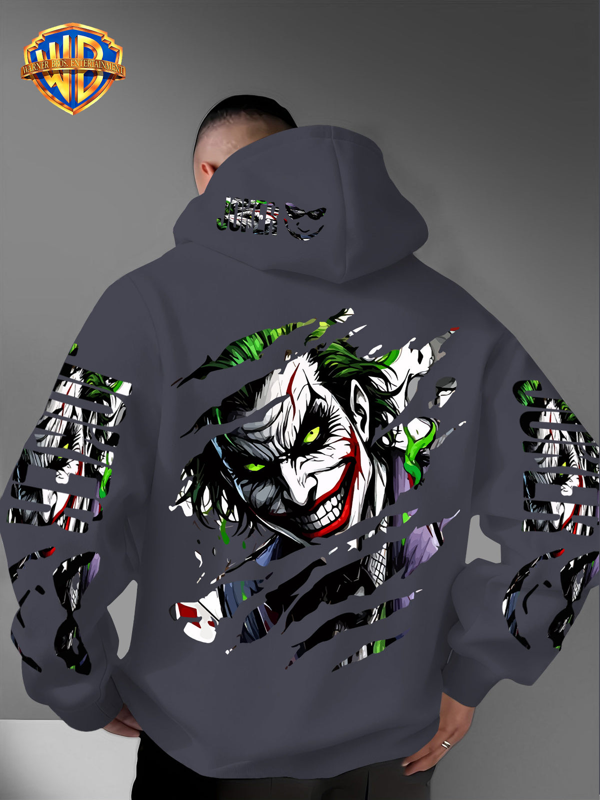 WB Men's Joker Print Hooded - Warner Bros. Official & Iconic Joker Design, Loose Fit Hoodie with Hooded Pullover, Machine Washable Streetwear for Fall/Winter Casual Wear Suitable for Autumn and Winter Warmth - Dark Gray