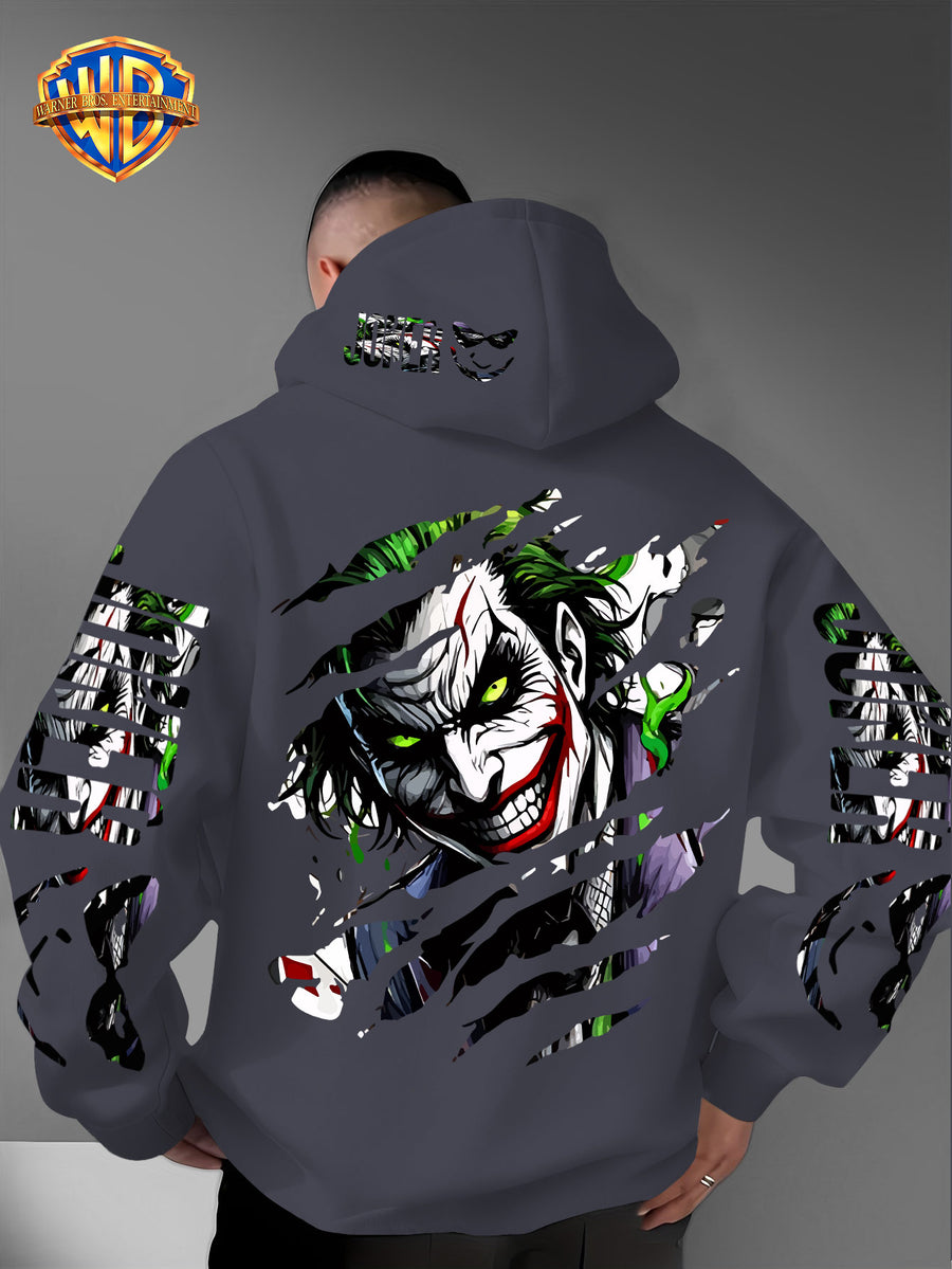 WB Men's Joker Print Hooded - Warner Bros. Official & Iconic Joker Design, Loose Fit Hoodie with Hooded Pullover, Machine Washable Streetwear for Fall/Winter Casual Wear Suitable for Autumn and Winter Warmth - Dark Gray