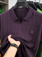 Men'S Knit Polo Shirt Short Sleeve V-Neck Vertical Stripes, Business Casual Spring Summer Commute Top, 1pc Multi-Occasion Ready - Purple