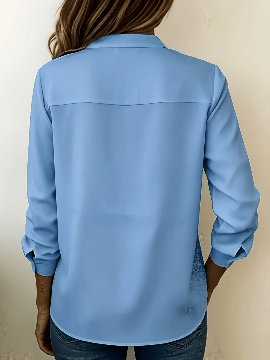 Women'S Elegant New Solid Color Minimalist Small Lapel V-Neck Long Sleeve Shirt, Women'S Top for Daily Commute, Easy And Versatile Blouse, ZLLZ - Deep Sky Blue