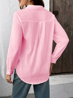 Slub Style Shirt Casual Women Long Sleeves - Pink