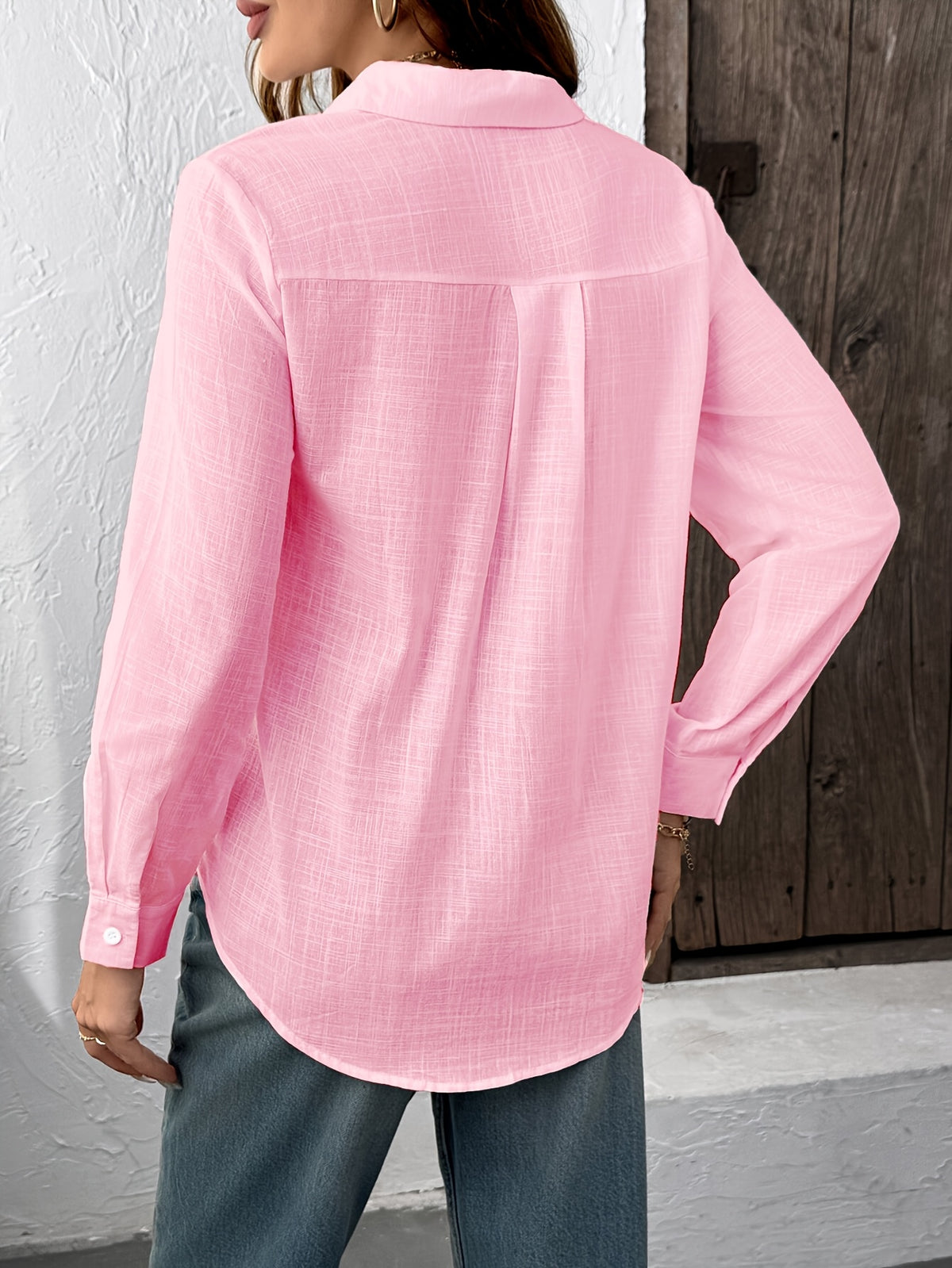 Slub Style Shirt Casual Women Long Sleeves - Pink
