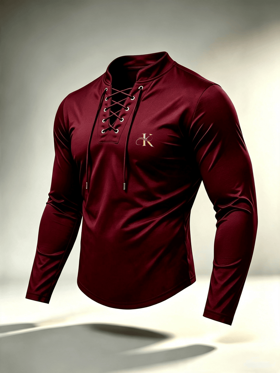 2026 New Men'S Casual Outdoor Tie-Neck Polo Shirt - K, Long Sleeve for All Seasons, Button-Less Design with Cross Drawstring, Stand Collar, Breathable And Comfortable, Quick-Dry - Burgundy