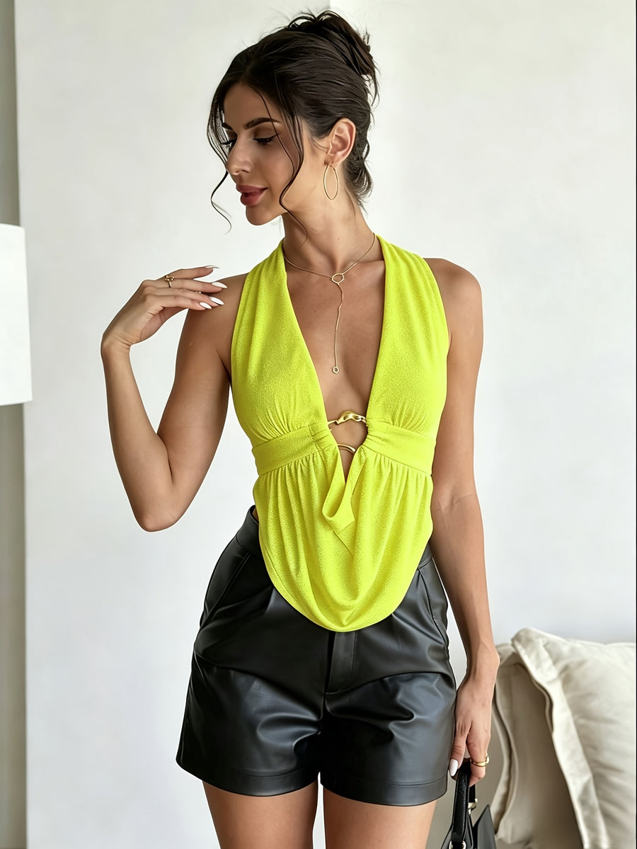 Western Style Temperament Hollow Neck Backless Top Street Elegant Fashion Tie Vest - 【Light Yellow】