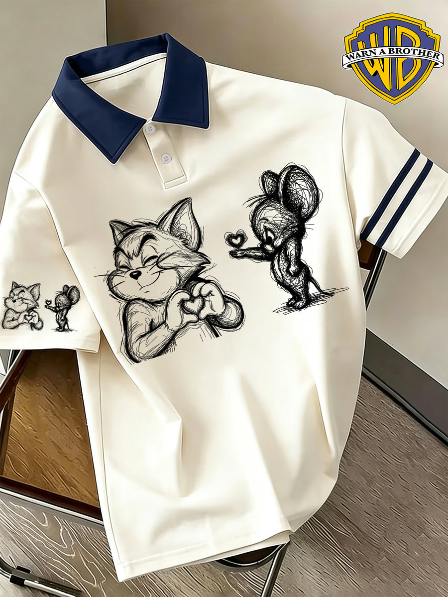 Warner Bros. Exclusive License, American Retro Color-Block Classic Character Print Polo Shirt, Men'S Casual Comfortable, Multi-Functional Loose Summer Polo Shirt, Summer Loose Lapel Japanese Style Polo Short Sleeve T-Shirt - Royal blue color