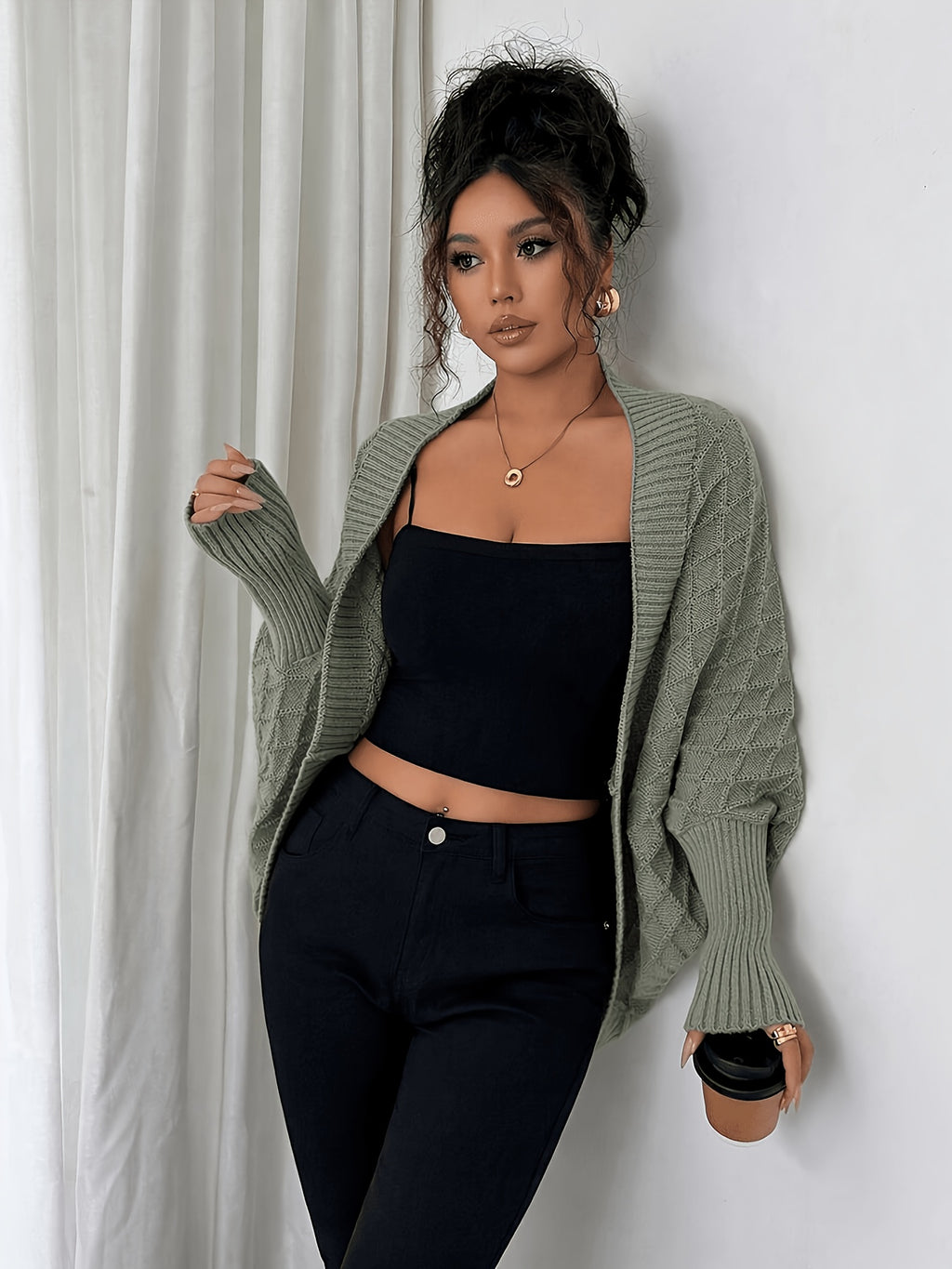 Women'S Cardigan: Casual Elegance with Batwing Sleeves Mid-Length Jumper, Versatile And Sophisticated Knitwear - Green