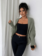 Women'S Cardigan: Casual Elegance with Batwing Sleeves Mid-Length Jumper, Versatile And Sophisticated Knitwear - Green