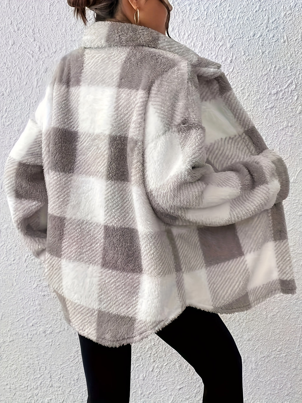 [Autumn/Winter Buffalo Plaid Print Teddy Bear Jacket, Side Pockets, Lapel, Button-Up Women's Elegant Faux Coat] - Mixed colors