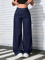 Women's Wide- Beltless Mid-Rise Denim Pants - No-Stretch Built-In Zipper Full-Length Wide Pants Suitable for Casual & Dressy Wear, Machine Washable Solid Color Denim Trousers - Medium Blue