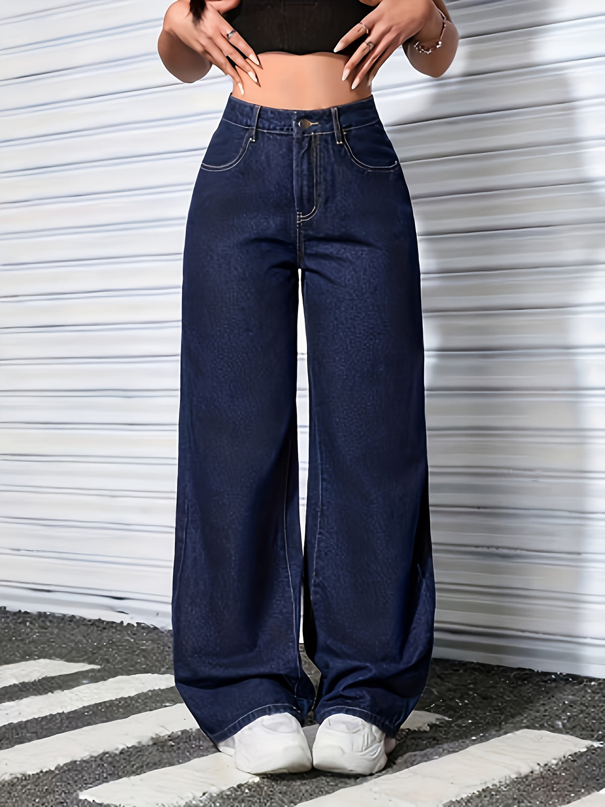 Women's Wide- Beltless Mid-Rise Denim Pants - No-Stretch Built-In Zipper Full-Length Wide Pants Suitable for Casual & Dressy Wear, Machine Washable Solid Color Denim Trousers - Medium Blue