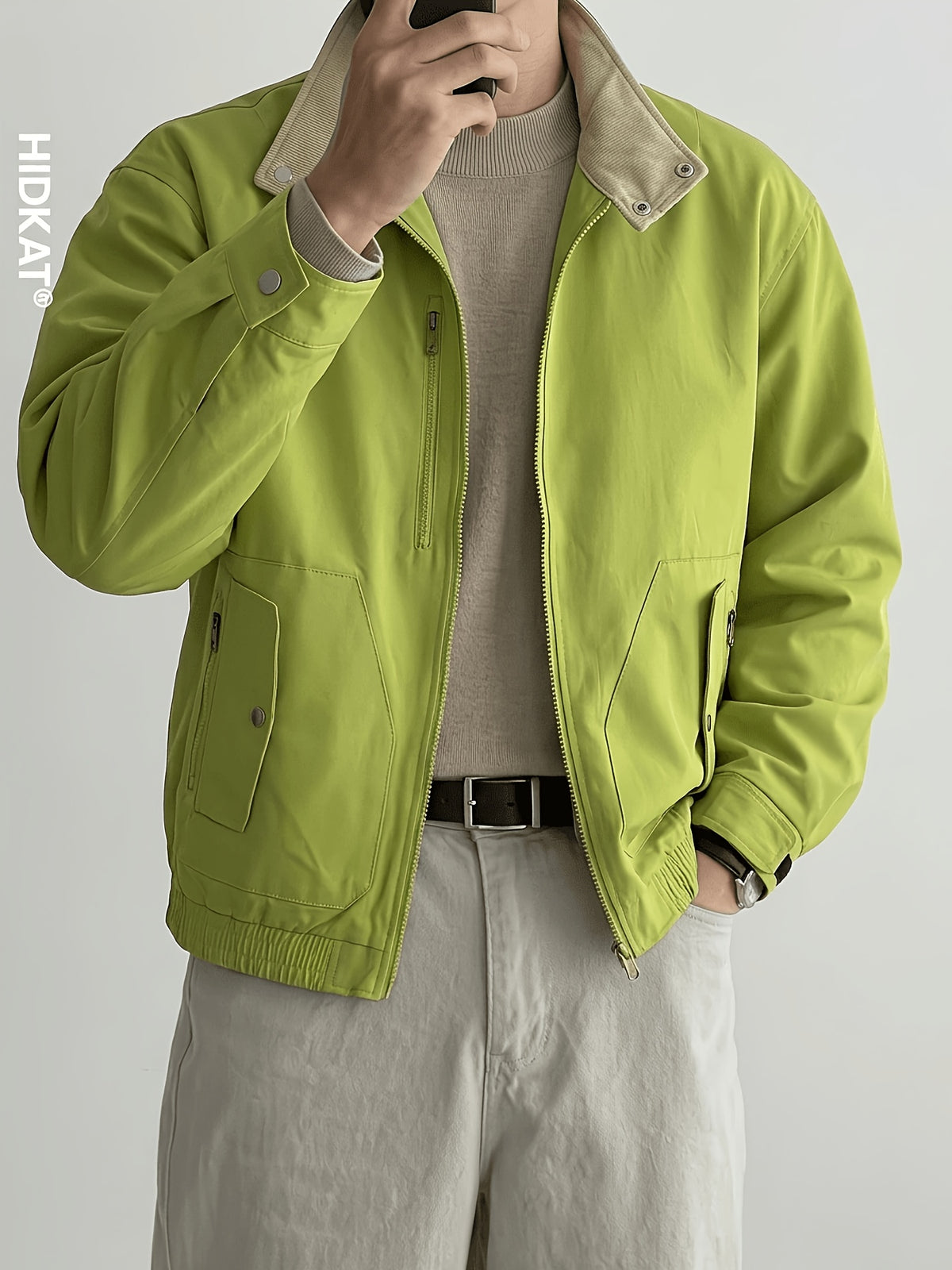 HIDKAT Men's Bomber Jacket with Contrast Collar & Zipper Pockets - Windproof Relaxed Fit Bomber Jacket Suitable for Streetwear, Aviation-Themed Outerwear, Machine Washable Zipper Closure Jacket with Stand Collar (No Transparency) - Green