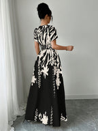 2026 New Summer Black And White Ink Print V-Neck Waist-Cinching Long Dress | Short-Sleeve Elegant Dress Suitable for Upscale Commuting And Dating Outfits - Black