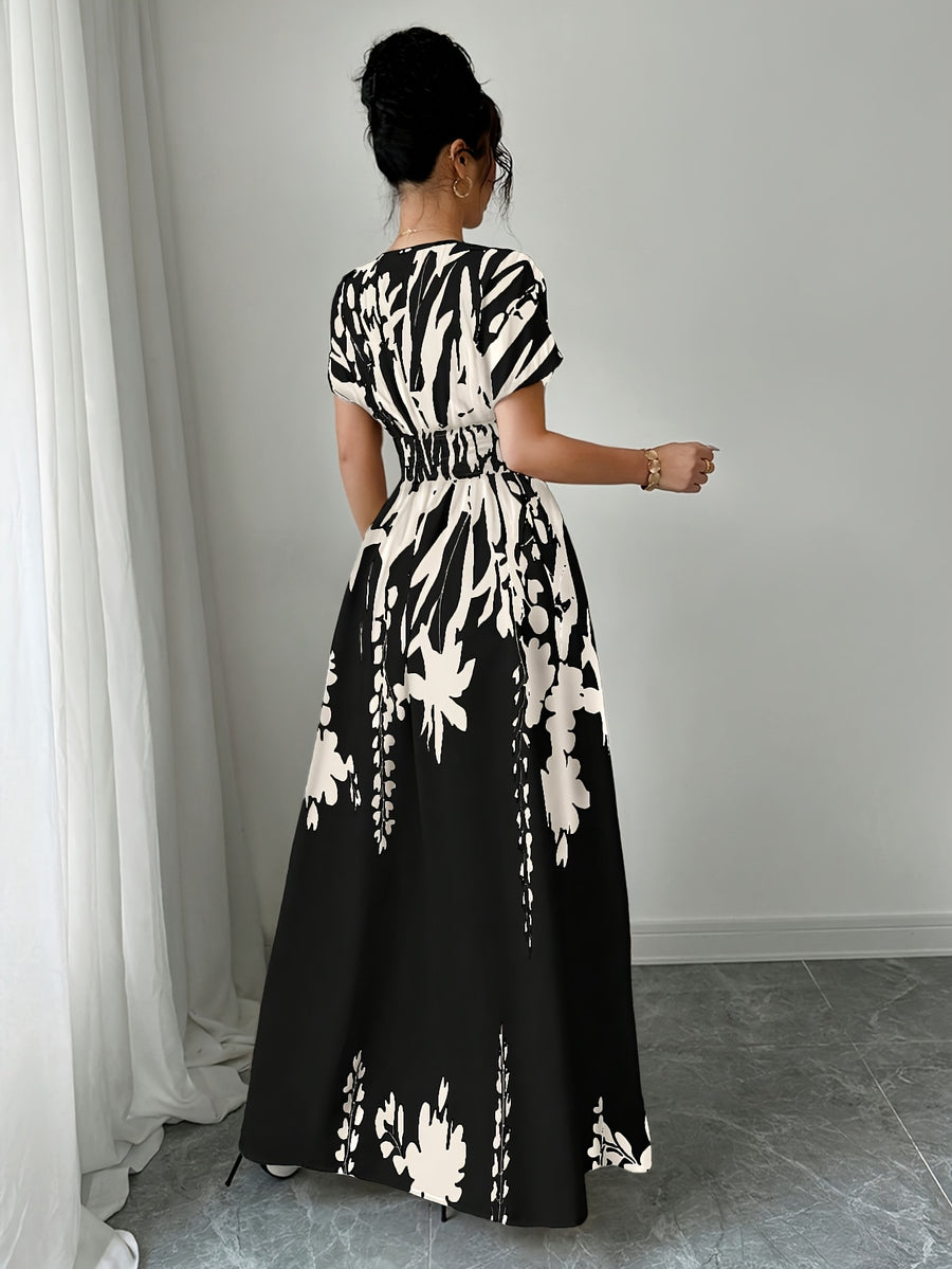 2026 New Summer Black And White Ink Print V-Neck Waist-Cinching Long Dress | Short-Sleeve Elegant Dress Suitable for Upscale Commuting And Dating Outfits - Black