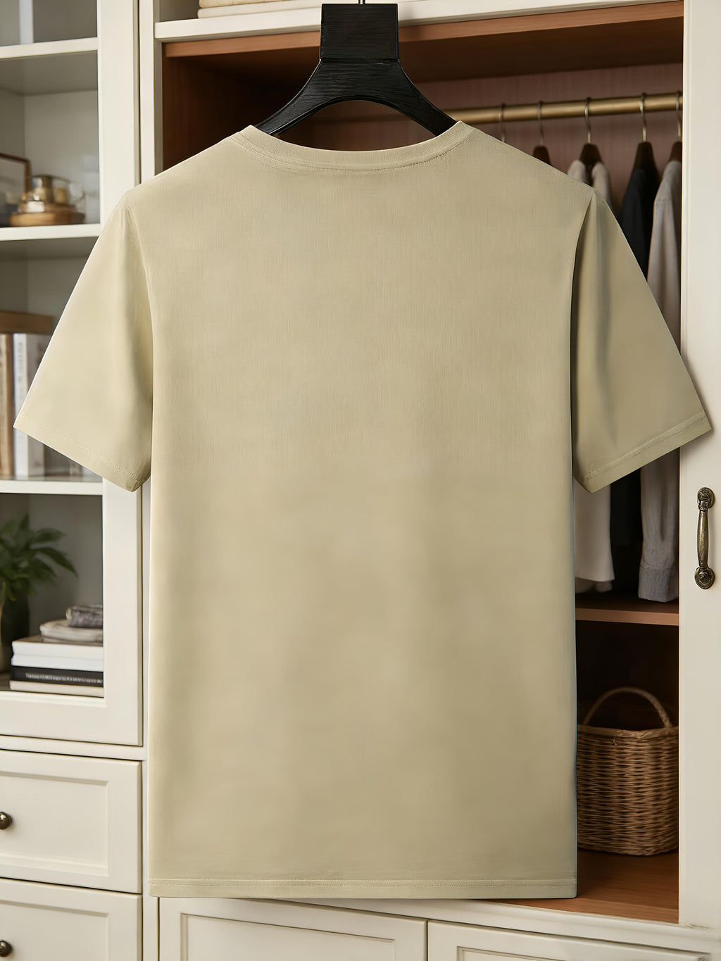 Men'S White Crew Neck Short Sleeve T-Shirt Printed with Minimalist Line Blue Maple Leaf, Niche Fresh Casual Loose Fit Breathable Basic Top for Summer - Khaki