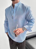 Lightweight, Breathable, Loose Casual. Suitable for Summer Vacation, Parties, Office Daily Wear, And As a Gift. Trendy Men'S Half-Button Stand Collar Long Sleeve Shirt, Lightweight And Breathable, Loose Casual Design, Ideal for Summer Holidays - Blue