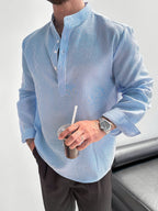 Lightweight, Breathable, Loose Casual. Suitable for Summer Vacation, Parties, Office Daily Wear, And As a Gift. Trendy Men'S Half-Button Stand Collar Long Sleeve Shirt, Lightweight And Breathable, Loose Casual Design, Ideal for Summer Holidays - Blue