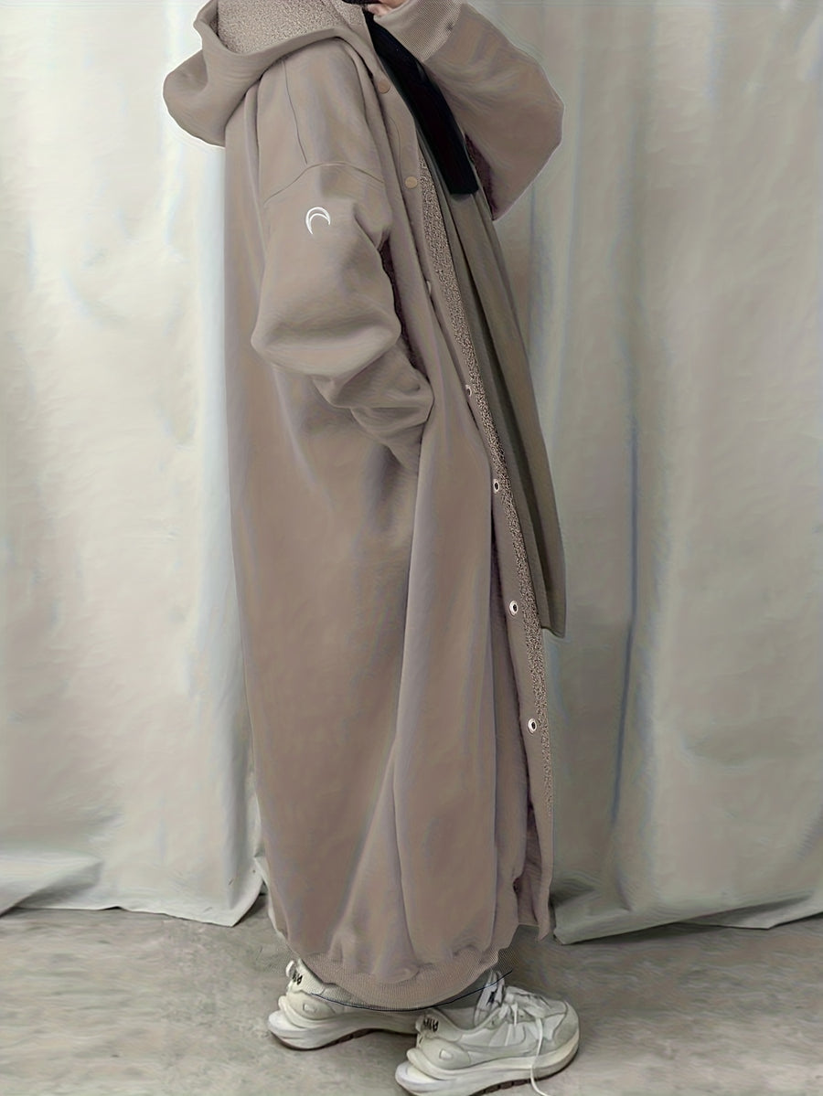 Ladies' Elegant Outfit Long Cardigan Hooded Solid Color Sweatshirt Jacket, Loose Casual Style Can Be Used As a Dress, Fleece Lining 2A11048 - Pale Pinkish Gray