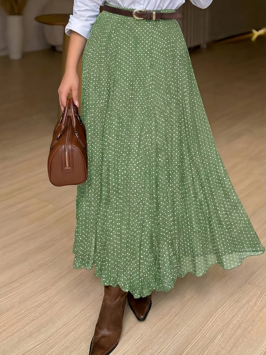 Women's Elegant Polka Dot Pleated A-Line Skirt, New Spring/Summer Style with Elastic Stretch Waist, Simple and Fashionable Women's Skirt, No Belt - Green