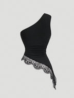 Sexy Lace Asymmetrical Hem Sleeveless Blouse with Metal Buttons, Women's Casual Summer Vacation Top - Black