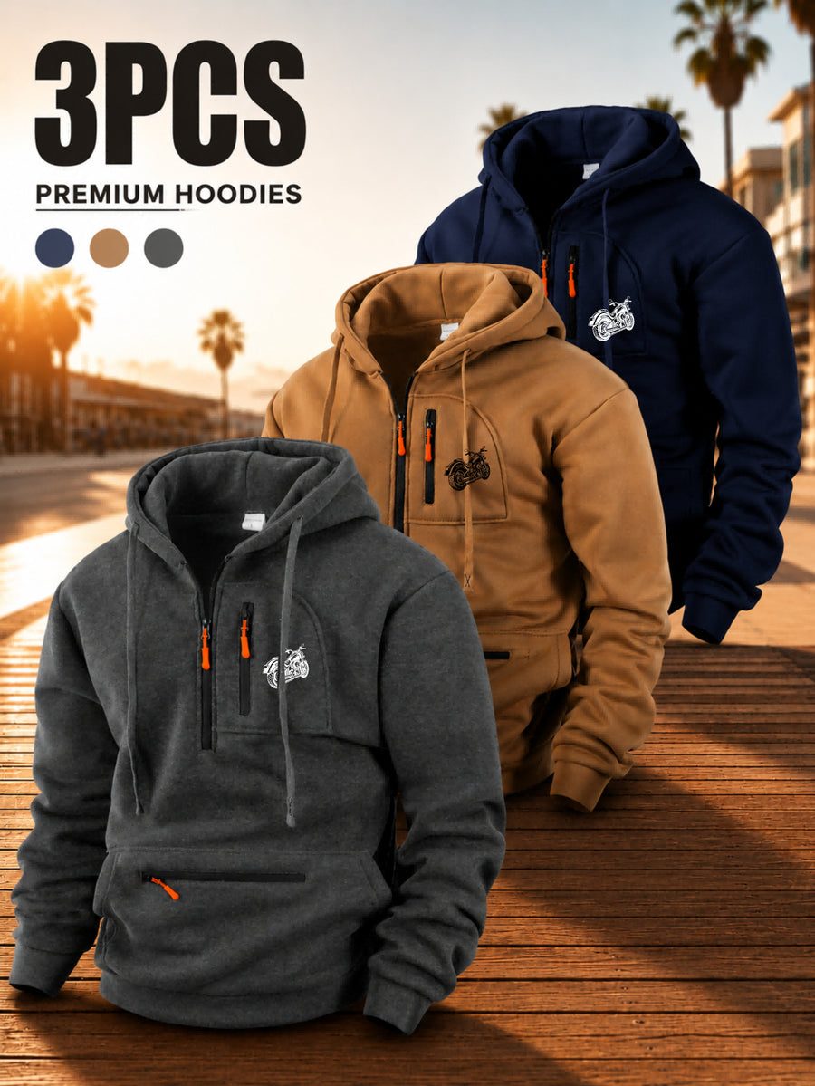 Men'S Hoodie Multi-Zipper Pocket Design Graphic Print Casual Streetwear Fall Winter 3pcs Set - Dark Gray + Khaki + Navy Blue