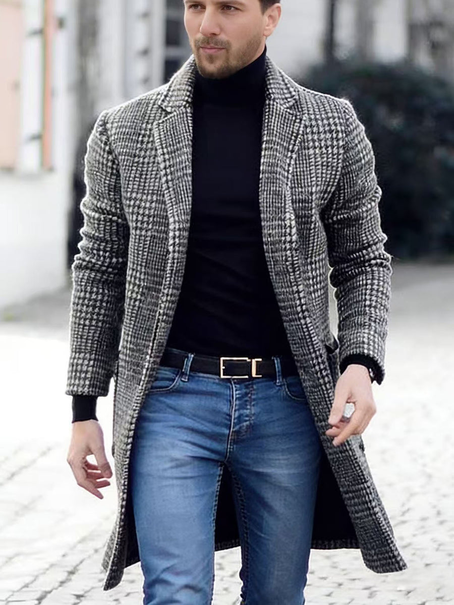 2026 Spring/Autumn Men's Fashionable and Stylish Houndstooth Check Overcoat, Versatile Outdoor Social Trench Coat - Grey