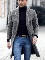 2026 Spring/Autumn Men's Fashionable and Stylish Houndstooth Check  Overcoat, Versatile Outdoor Social Trench Coat - Grey