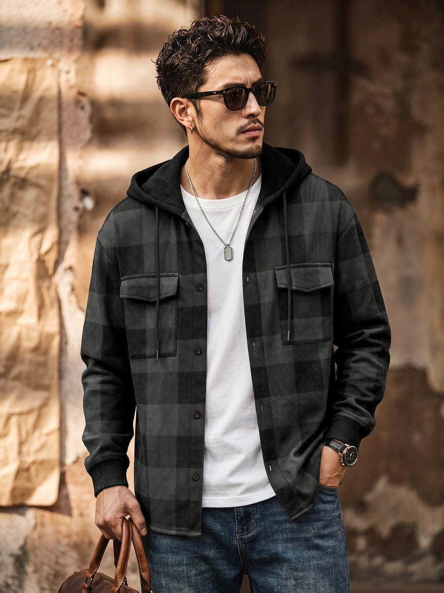 Men'S Jacket, Retro Plaid Shirt, Men'S Casual Shirt Fleece Jacket Single Button with Hat Long Sleeve Coat Men'S Top with Chest Pocket Elastic Cuff Ribbed Spring Autumn New Men'S Clothing - Dark Gray
