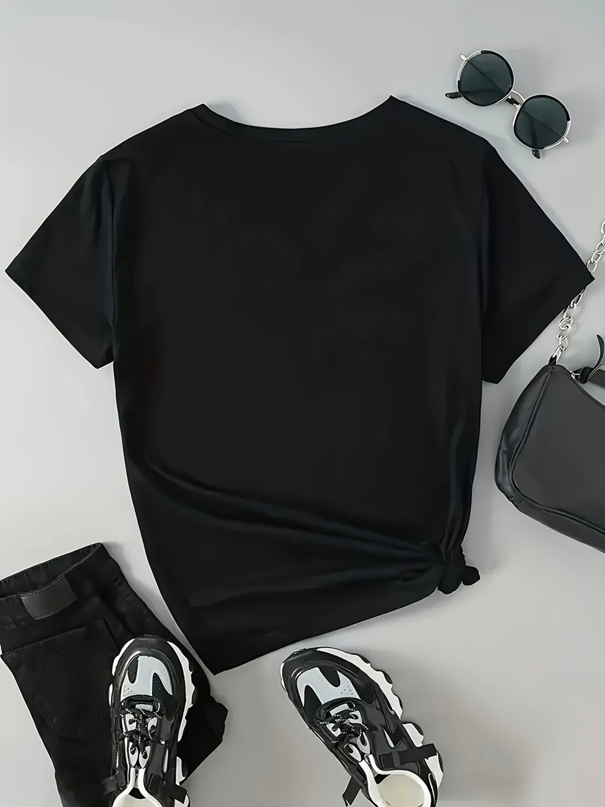Women's Polyester Short Sleeve T-Shirt, Textured Red Cherry Printed Casual Top, Multiple Sizes Available, Comfortable Lightweight Summer Tee, Perfect for Daily Casual Wear & Outdoor Outings - Black