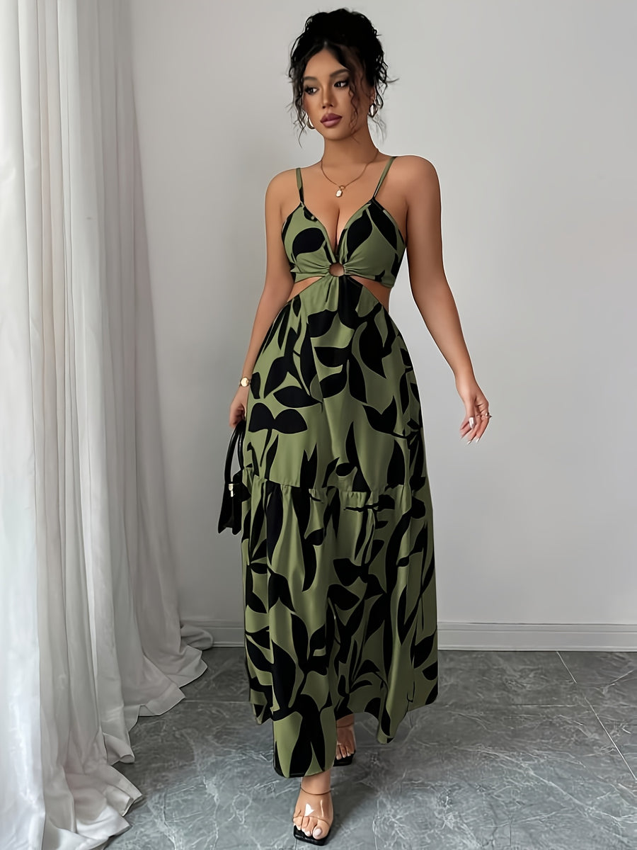 Women's Bohemian Maxi Dress with Adjustable Spaghetti Strap Sleeveless -Line Dress - Floral Print -Length Dress Suitable for Beach Weddings, Parties, Vacations, Machine Washable Round Hoop Hem Dress - fern green