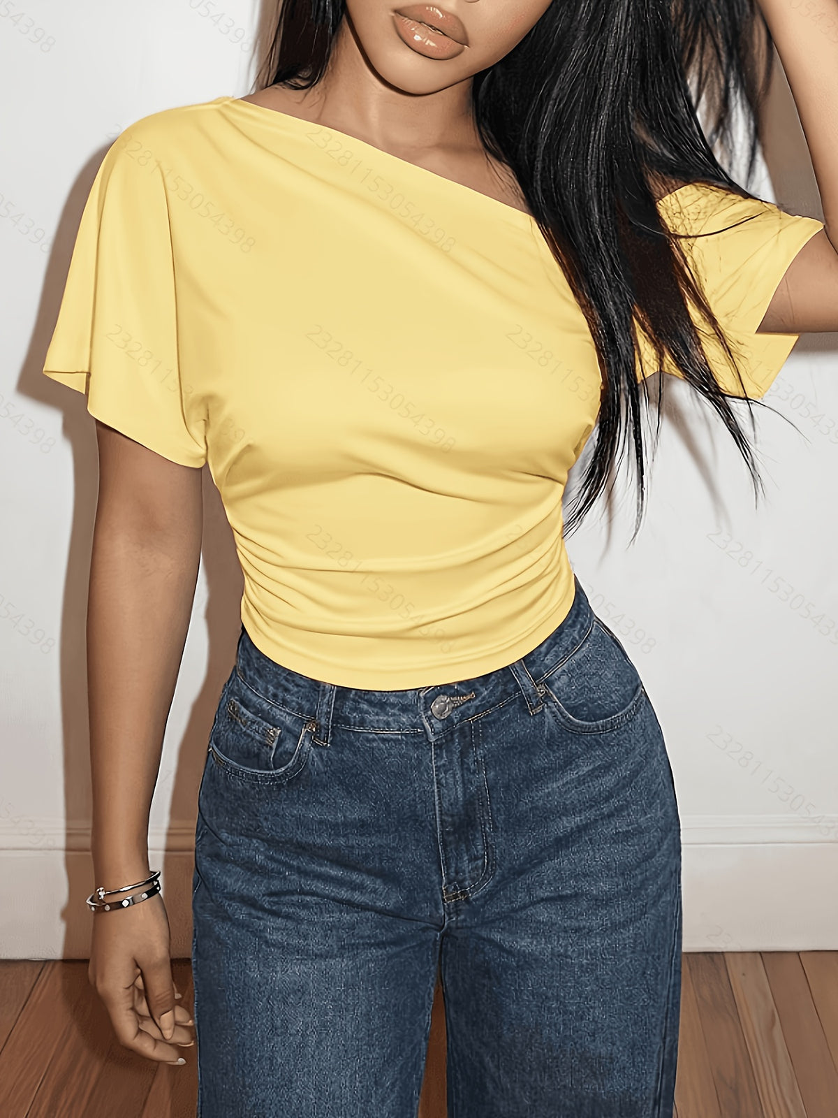 Women'S Summer Off-The-Shoulder Solid Color Short-Sleeved T-Shirt, Casual Basic Top - Golden
