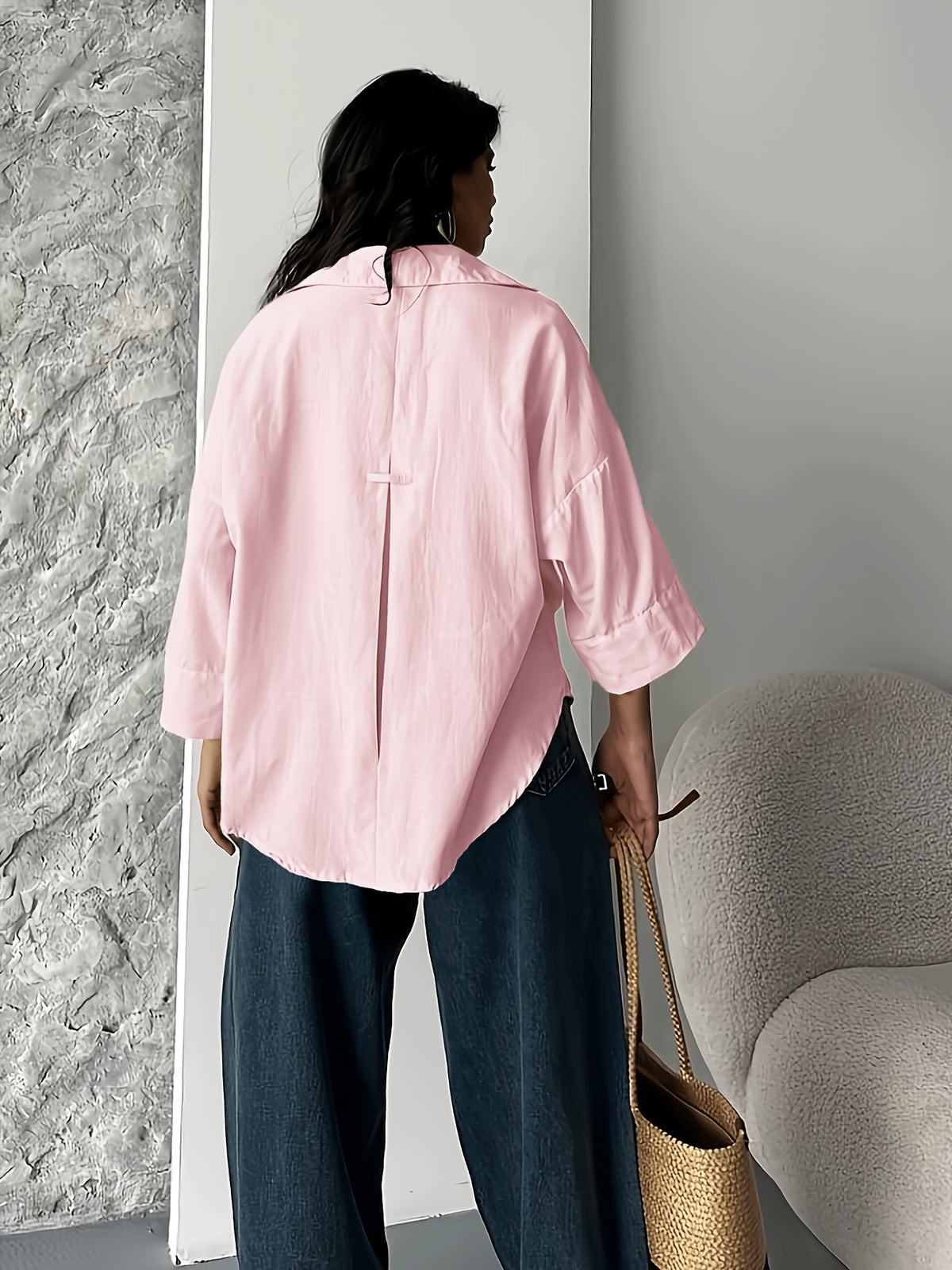 Fashion Spring Summer Women'S Off-Shoulder Puff Sleeve Button-Up Elegant Loose Shirt Lapel - Pink