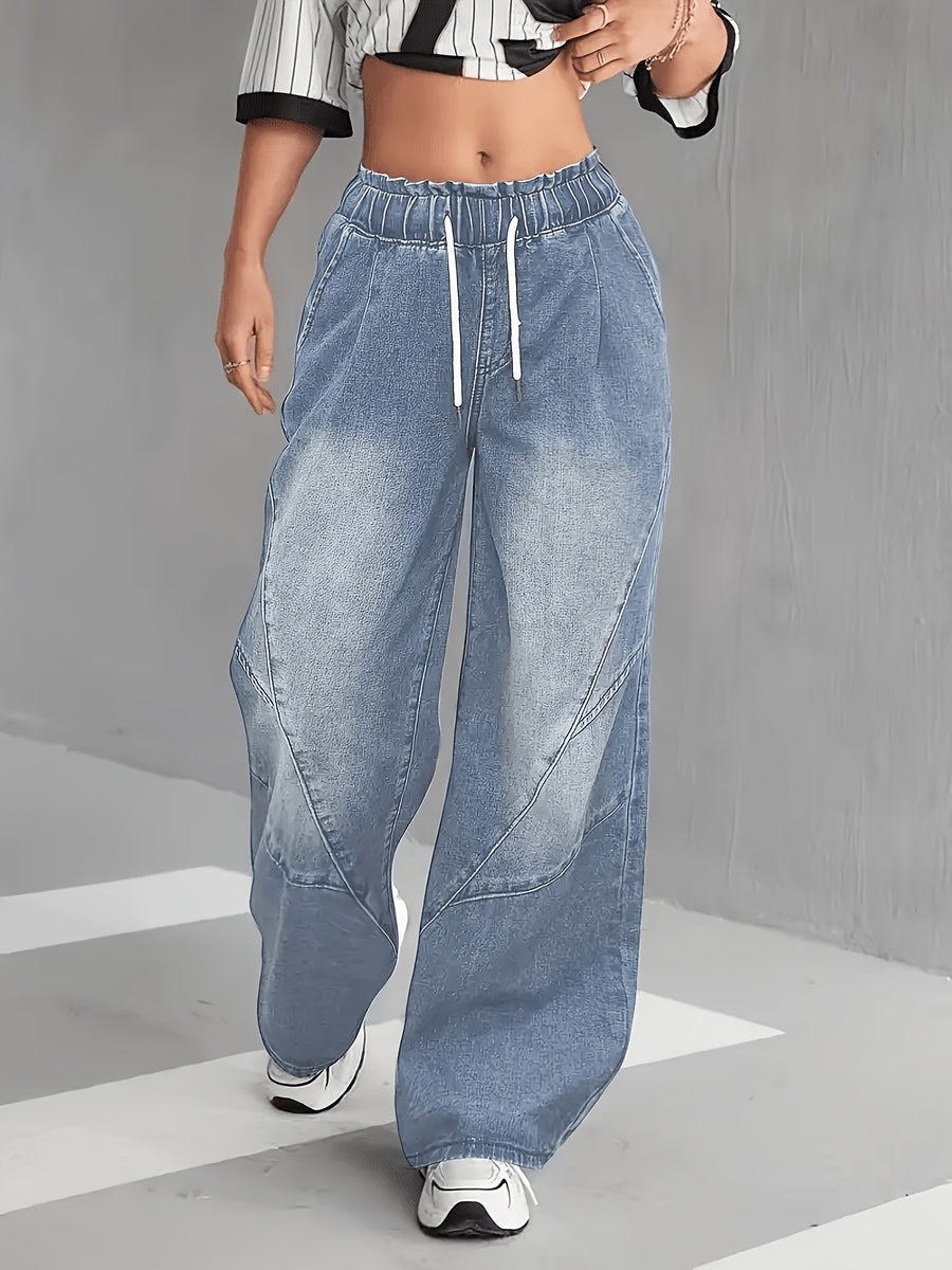 Women'S High-Waist Loose Wide-Leg Jeans - Y2K Street Style, Slant Pockets, Elastic Drawstring Waist, Non-Stretch Fabric, Perfect for Casual Wear, Casual Trousers | Flowy Pants | Non-Stretch Fabric - Light Blue