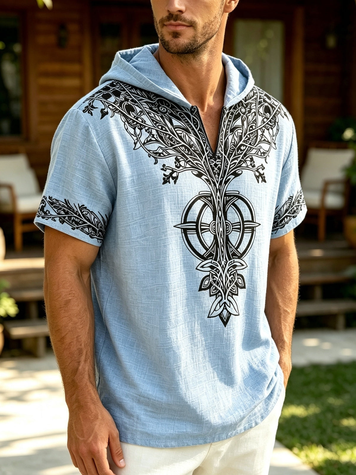 26 Styles Summer Men'S Loose Faith Rune Print Hooded Hip-Hop Trendy Short Sleeve, Casual Commute, Outing Shopping - Light Blue
