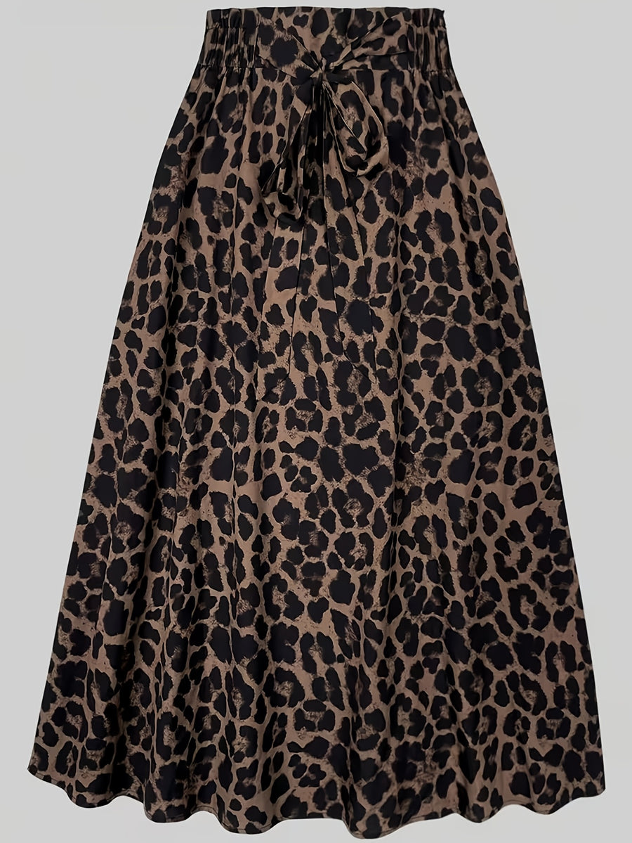 Women'S Fashion Leopard Print Casual Waist Tie Bow Versatile Commuter Style A-Line Half Skirt - Olive Brown