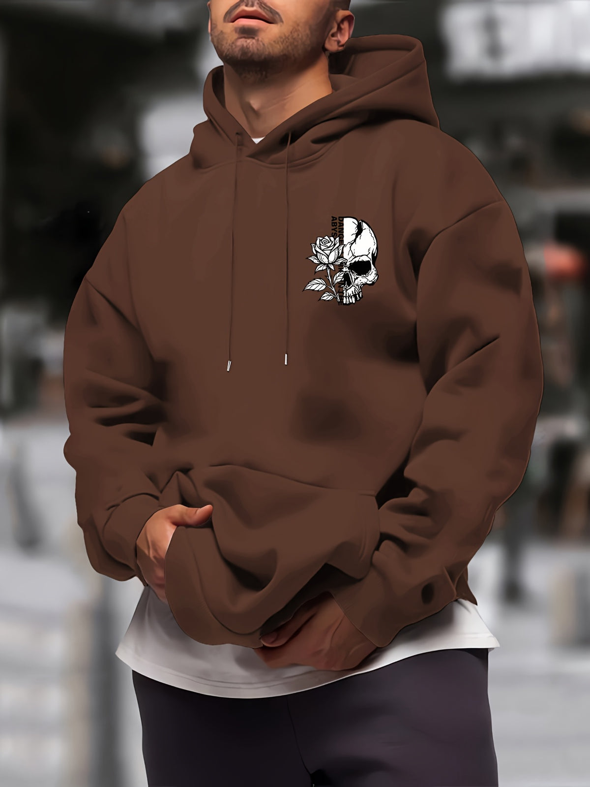 New Trendy Men'S Autumn And Winter Hooded Sweatshirt, Casual Everyday Drawstring Hoodie with Creative Design Print, Kangaroo Pouch Front Pocket, Unisex Tops - Coffee Color