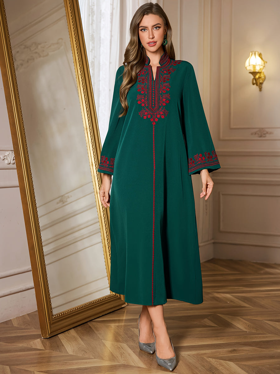 Middle Eastern Special Al Najma Women'S Floral Embroidered V-Neck Abaya Long Robe with Long Sleeves, Elegant Kaftan Style Turkish Gown for Women - Dark Green