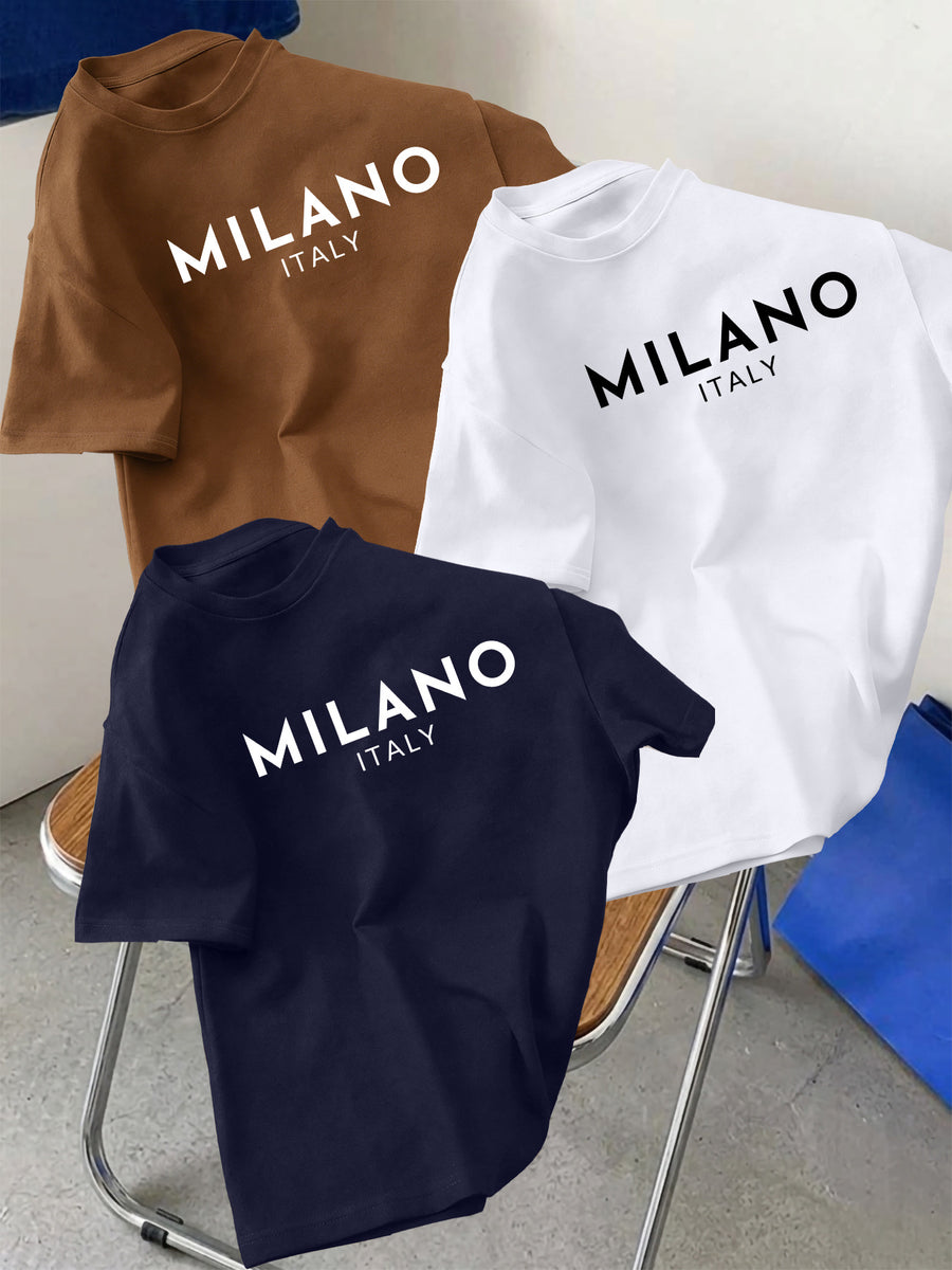 3pcs Set Men's Pure Cotton Short-Sleeve Crew Neck T-Shirt with Milan, Italy Pattern, Suitable for Daily Casual Wear, Comfortable, Soft, Breathable, Summer Essential - Navy blue+white+brown