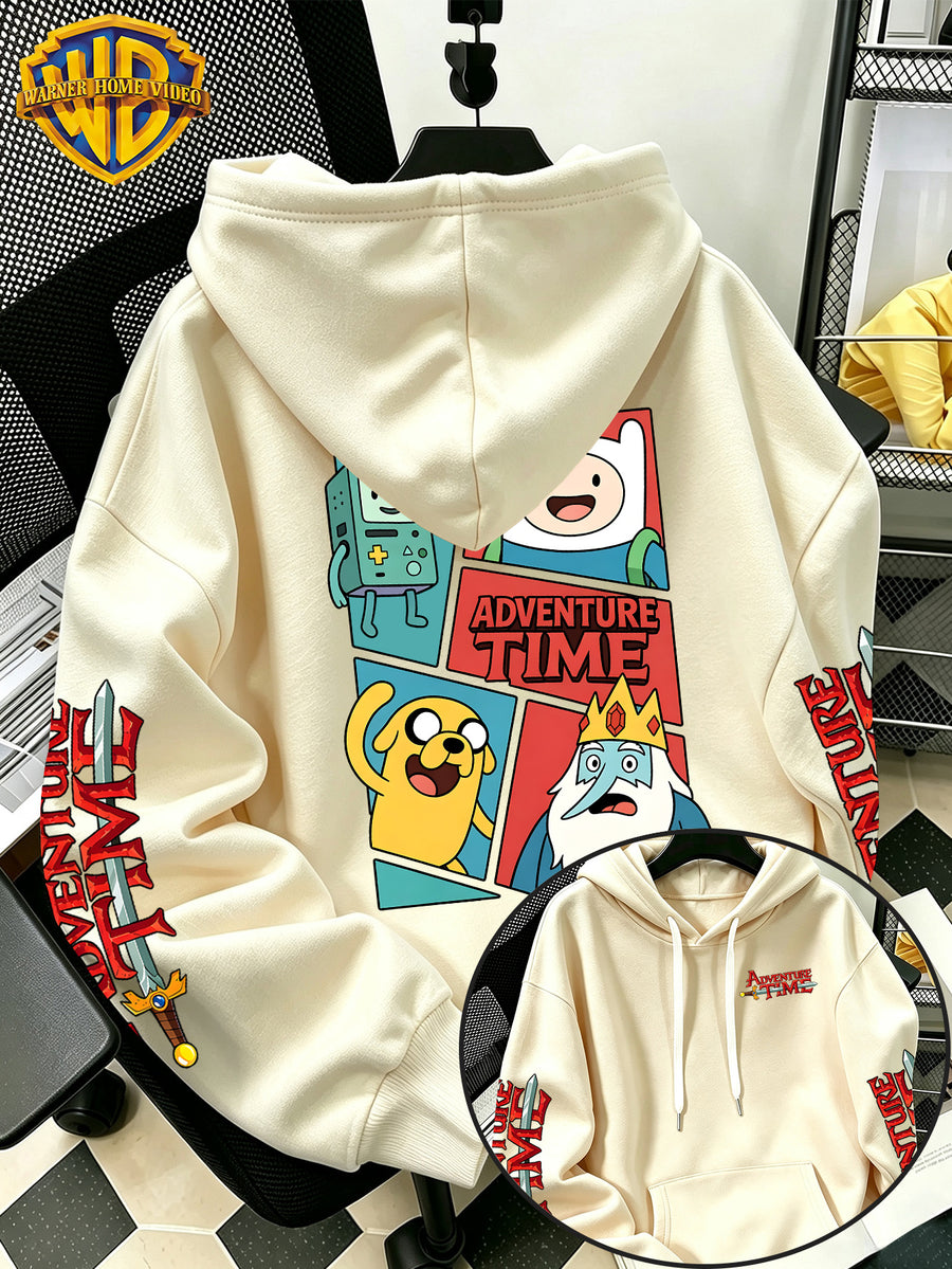 Adventure Time 4-Panel Comic Cartoon Pattern Print Hooded Sweatshirt - Men'S Casual All-Match Pullover, Comfortable Autumn/Winter Wear, for Sports, Outdoors, Picnics, Travel, Daily/Commute/Home Choice, Perfect Gift for Lovers And Friends - Unisex - Apricot