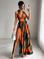 New French-Style Casual Elegant Sexy High-End Design V-Neck Backless Spaghetti Strap Waist-Revealing A-Line Slit Sleeveless Long Dress, Red and Green Floral Print, High-Quality Exquisite Women's Clothing - Tactical Green